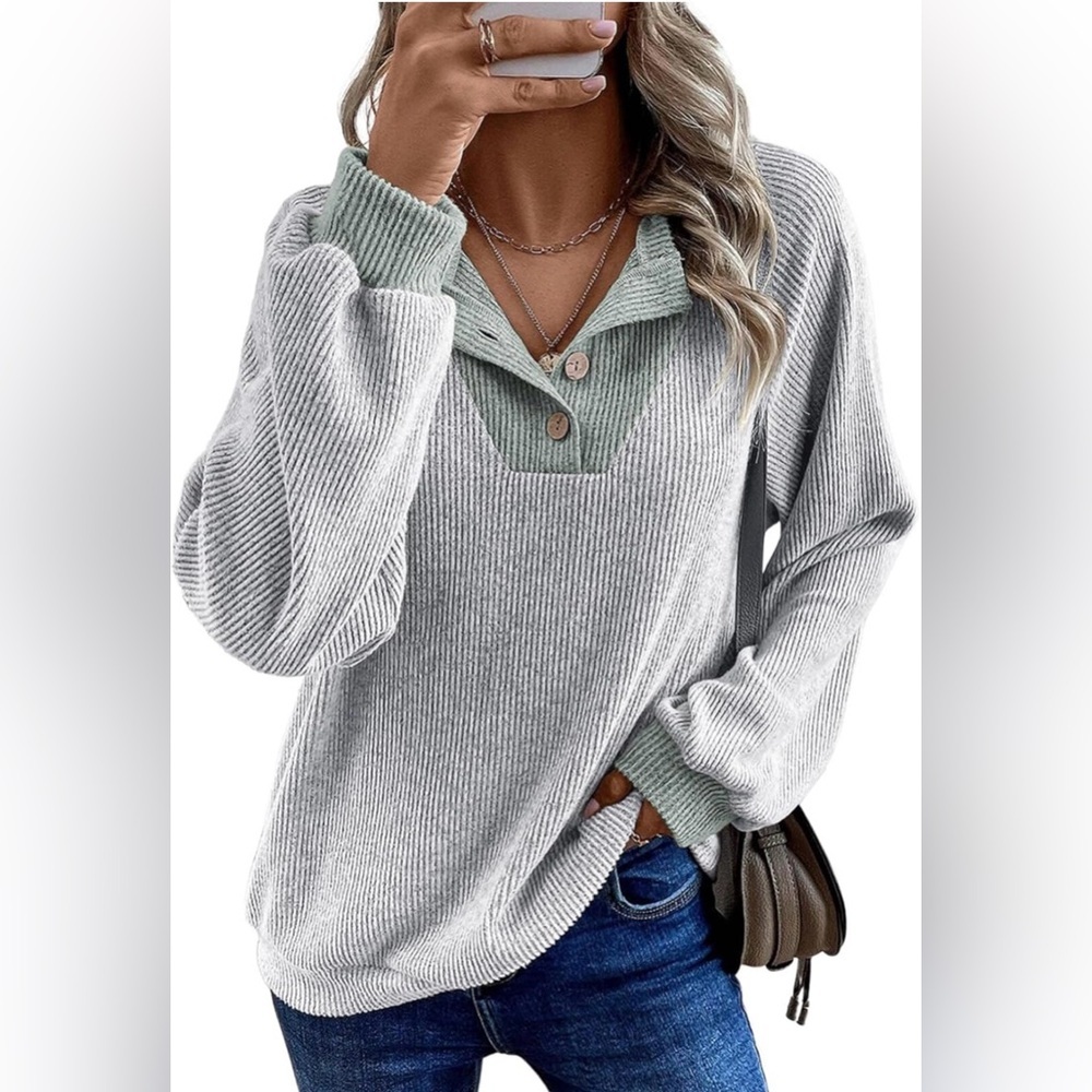 EVALESS Long Sleeve Patchwork Button Up V Neck Casual Pullover Top - Picture 2 of 14